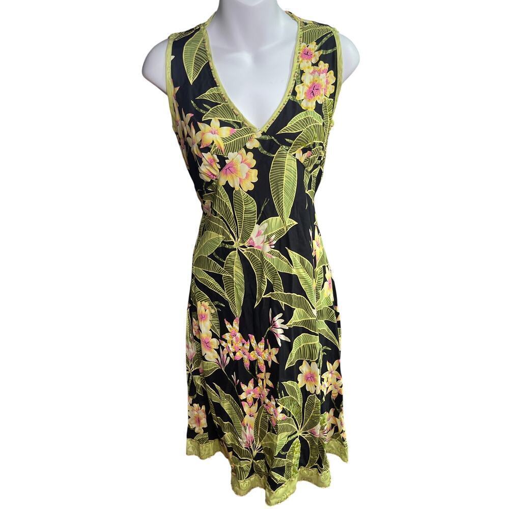 Vintage Ku De Ta Floral Hawaiian Black Green Tropical Sundress Women's Size Med